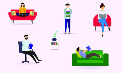 Vector illustration. Collected people, reading or students, are working out and preparing for the exam. A set of book lovers, readers, lovers of contemporary literature.