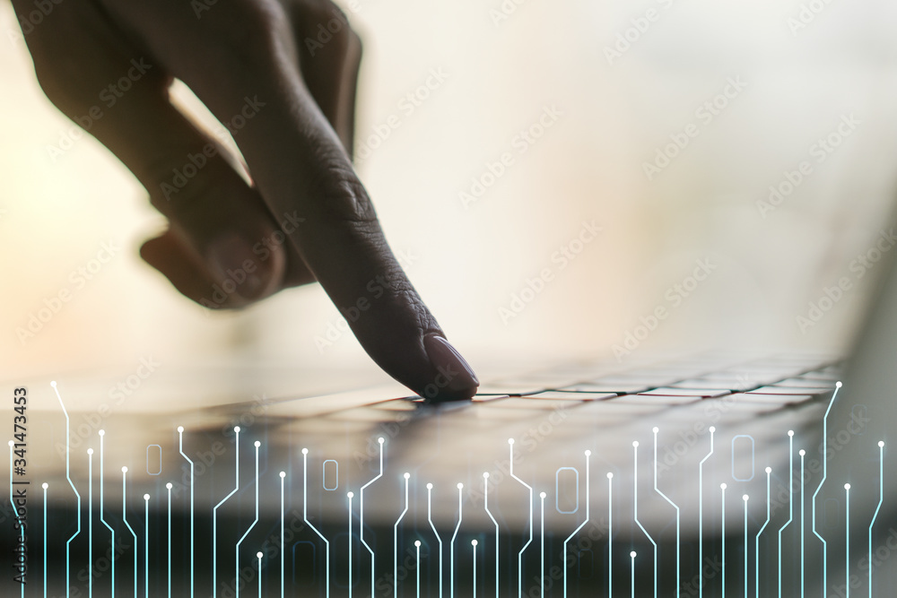 Poster creative abstract micro circuit sketch and hands typing on computer keyboard on background, future t