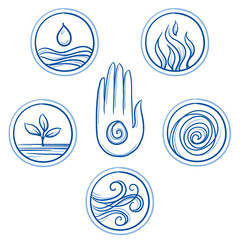 Set of ayurveda symbols of different elements, doshas and body types. Hand drawn line art cartoon vector illustration.