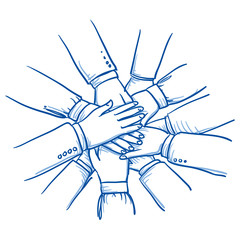 Stack of business hands, concept for teamwork, collaboration. Hand drawn line art cartoon vector illustration.