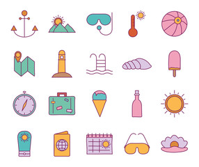 Summer line and fill style icon set vector design