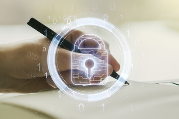 Creative idea concept with lock symbol and microcircuit illustration and with man hand writing in...