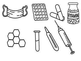 Set of medical instruments and pills.