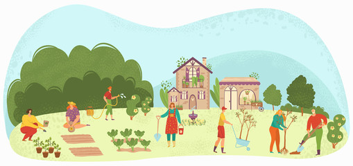 People planting garden plants and agriculture farming flat vector illustration, gardeners care for fruit trees, vegetables n garden-beds. Gardening, harvesting, planting and growing.