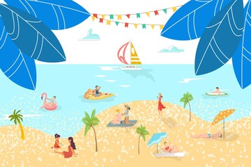 Fototapeta na wymiar Vacationers at sea beach rest people sunbathing, sailing surfing on sand, vacation water resort flat vector illustration. Sea travel or ocean for holiday, tropical beach and people vacationers swim.