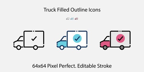 Truck Delivery Filled Outline Icons. Colorful Linear Set Vector Line Icon. 64x64 Pixel Perfect. Editable Stroke