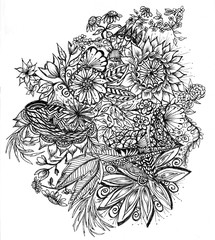 Pen and ink, black and white design with sunflowers, daisies and other spring flowers