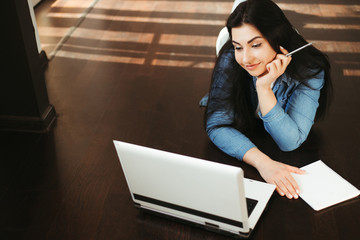 Stay at home. Modern businesswoman, remote work, inspirational concept. Cheerful woman looking on...