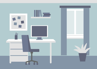 Workplace room, home office. Interior, cabinet, office with computer. Vector illustration in flat style