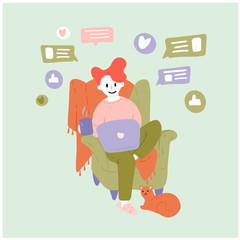Fototapeta premium Illustration of a man who works from home. Freelancer, content manager uses social networks.