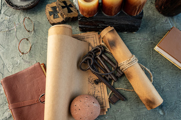 old keys and symbols in wood and with little natural light