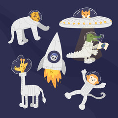 Set of fun animal astronauts like cheetah, giraffe, monkey, panda bear in the rocket, crocodile with Earth flag banner and fox in UFO.Flat hand drawn vector illustration on navy blue space background.