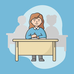 Concept Of Hi School Education, Graduation. Young Girl Teen Is Writing Notes On Lecture In Classroom. Silhouettes Of Students On Background. Cartoon Linear Outline Flat Style. Vector Illustration