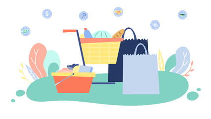 Online Shopping Concept. Big Trolley, Basket And Supermarket Bags With Food Supply On Abstract Background With Infographic. Online Order Food And Delivery Home. Cartoon Flat Style Vector Illustration