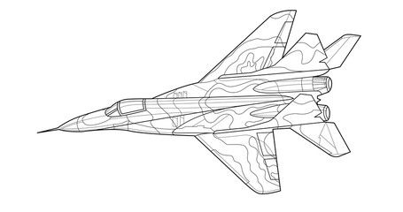 Fototapeta na wymiar Adult military war-plane jet coloring page for book and drawing. Airplane. Aircraft.Vector illustration. Vehicle. Graphic element. Plane. Black contour sketch illustrate Isolated on white background
