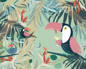 a parrot in the tropics on a palm tree drinking a cocktail illustration with green background © Крістіна Цвенгер