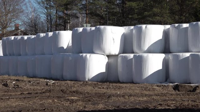 Panning video over huge ammount of bales of wheat strow. Bales are packed in white plastic and stored right on the ground in two levels. Sunny day in Swedish countryside
