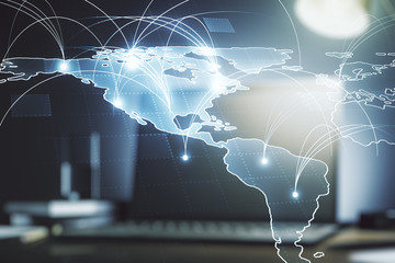 Double exposure of abstract digital world map with connections on computer background, big data and blockchain concept