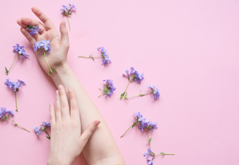 Beauty hands of a woman with blue flowers on a pink background. Natural cosmetics product and hand care, moisturizing and wrinkle reduction, skincare and flat lay copyspace.