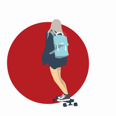 sports young girl on a long board in the summer rides on the road. isolated on white with red circle. extreme illustration