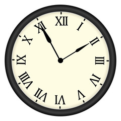 Ivory-white wall clock with a black rim, with Roman numerals showing 