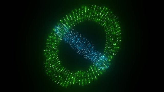 Green torus and blue torus composed of small flashing lights., green and blue LED. Rotate objects in their local axis on black background. Sci-fi video effect, vj movie, vfx video,
