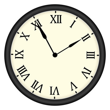 Ivory-white wall clock with a black rim, with Roman numerals showing "five to two." Vector illustration. Stock drawing.
