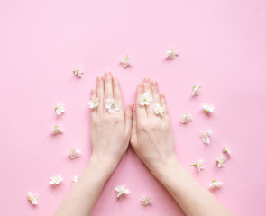 Obraz na płótnie Canvas Hands of a woman with white flowers on a pink background. Natural cosmetics product and hand care, moisturizing and wrinkle reduction. Flat Lay and skincare concept.