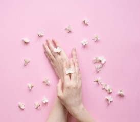 Obraz na płótnie Canvas Hands of a woman with white flowers on a pink background. Natural cosmetics product and hand care, moisturizing and wrinkle reduction. Flat Lay and skincare concept.