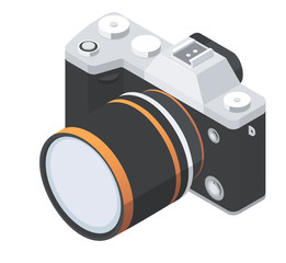 Retro-style isometric digital photo camera with manual dials. Isolated on white background.