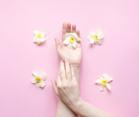 Hands and  flowers are on a pink background. Natural Cosmetics for hand skin care, a means to reduce wrinkles on hands, moisturizing. Natural cosmetics from flower extract, beauty and fashion