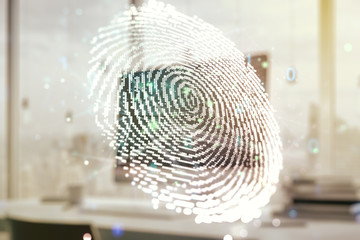 Abstract creative fingerprint illustration on modern computer background, personal biometric data concept. Multiexposure