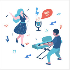 The singer and pianist give a concert, arrange a music show. Music and dancing at a live concert. Illustration with isolated elements - microphone, notes, lightnings. 