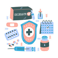 Set of medical elements for vaccination. Hand-drawn illustration.