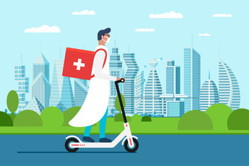 Medicine delivery pharmacy. Young male doctor in uniform riding electric scooter with medical surgical sanitary box first aid on cityscape street. Vector pharmacist emergency care flat illustration