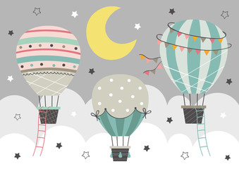 three Hot Air Balloon fly in the night sky
  - vector illustration, eps    