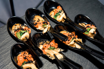 Many different meat canapes for the whole frame. Horizontal frame