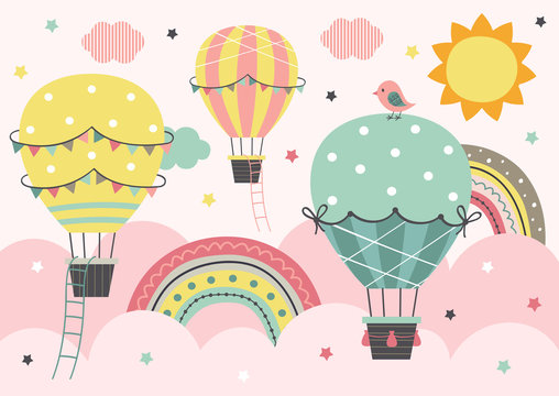 Three Colorful Hot Air Balloon Fly In The Pink Sky
  - Vector Illustration, Eps    