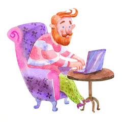 Cozy watercolor hipster character illustration isolated on white background.Busy man working at a laptop from home.Stay home and social distancing to avoid virus pandemic spreading.Home office concept