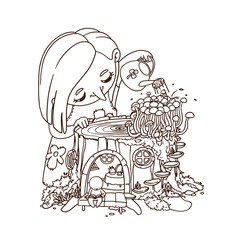 Hand drawn illustration of a little fairy watering mushrooms from a watering can. Vector coloring book page of a magic dreamland with elf and stump house.