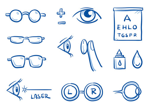 Set of different optometry icons, with eyes, contact lenses and glasses for medical info graphics. Hand drawn line art cartoon vector illustration.