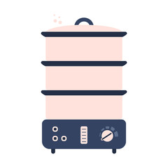 Flat electric food steamer icon, kitchen appliance. Cute blue and pink vector kitchen appliance, equipment for preparing vegetables and meat dishes for healthy eating logo design, recipe decoration