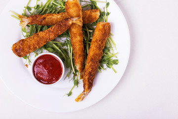 Tempura deep fried shrimp fish with tomato sauce. street food.