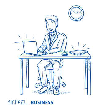 Happy business man, employee at his desk with laptop, tablet and smart phone. Concept for good organization, perfect work flow or software optimization. Hand drawn line art cartoon vector illustration