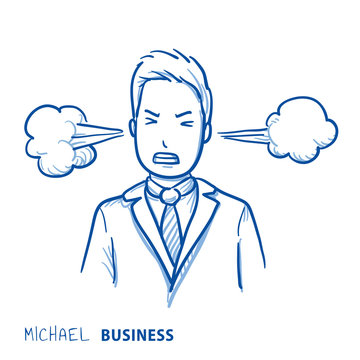 Angry business man with steam coming out of the ears, concept for stress, burnout, headache, too much work. Hand drawn line art cartoon vector illustration.