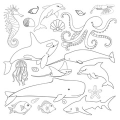 Fototapeta premium Set of linear marine vector animals for coloring. Inhabitants of the underwater world - sperm whale, killer whale, fish, stingray, shark, dolphins, seahorse and octopus and others - set for a coloring