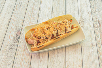 classic hot dog on cardboard basket