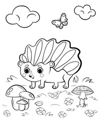 Coloring page outline of cute cartoon hedgehog with mushrooms. Vector image with nature background. Coloring book of forest wild animals for kids.