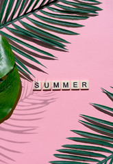 Nature and summer concepts ideas,Trendy summer tropical leaves foliage plant close up with box frame copy space on color background for decoration design. top view