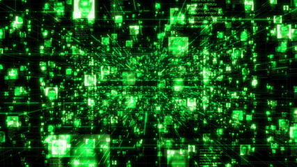 Fototapeta premium artificial intelligence concept of a social network with a stream of people portraits connected by bright green network grid in black internet cyberspace background. 3d rendering 4K footage.